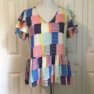 Michelle McDowell Multi Striped Design Print V neck Shirt/Top/Sm